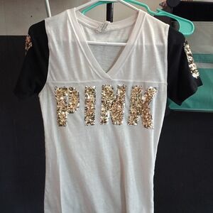 PINK Victoria's Secret White and Black Sequin Tee